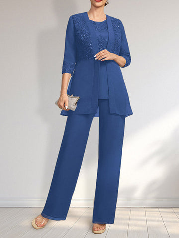 Jumpsuit/Pantsuit Separates Scoop Floor-Length Chiffon Lace Mother of the Bride Dress With Sequins