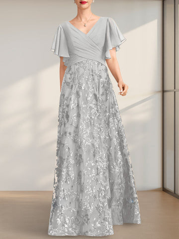 A-line V-Neck Floor-Length Lace Sequin Chiffon Mother of the Bride Dress With Pleated
