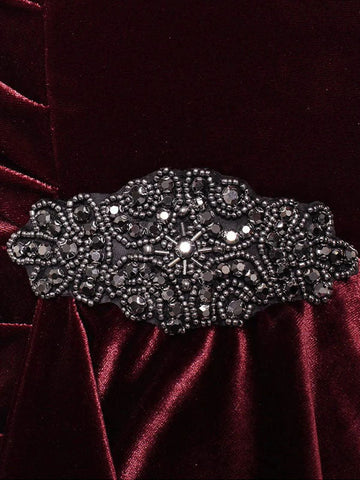 Short Velvet Sheath Dress with Surplice Neckline, Cascade Skirt and Embellishment Detail at Hip