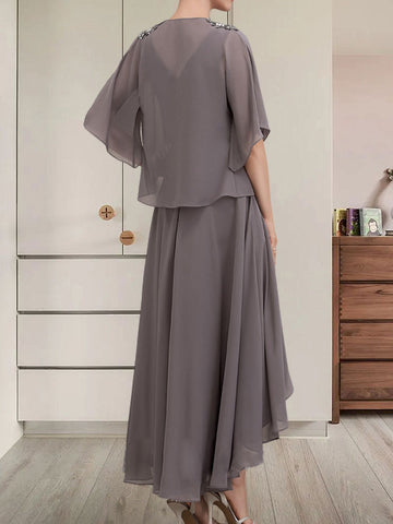 A-line V-Neck Asymmetrical Chiffon Mother of the Bride Dress With Beading Sequins