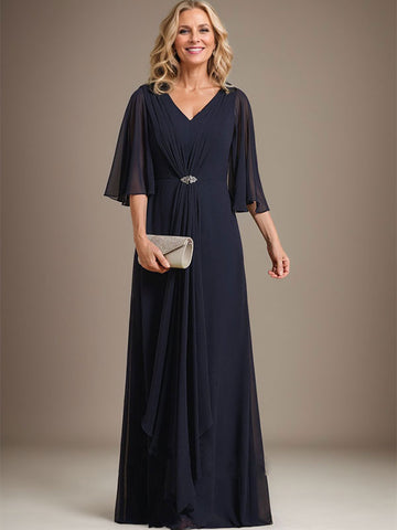 A-line V-Neck Floor-Length Chiffon Mother of the Bride Dress With Cascading Ruffles Crystal Brooch