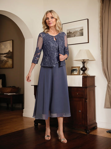 A-line Scoop Tea-Length Lace Chiffon Mother of the Bride Dress With Sequins