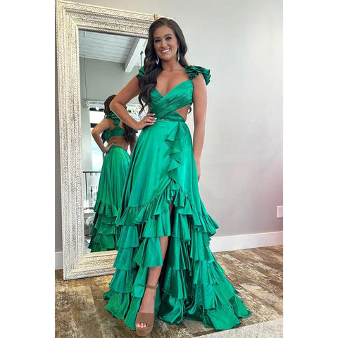 Vestido de fiesta de graduación sencillo e informal, sin mangas, con escote en V, volantes y abertura lateral