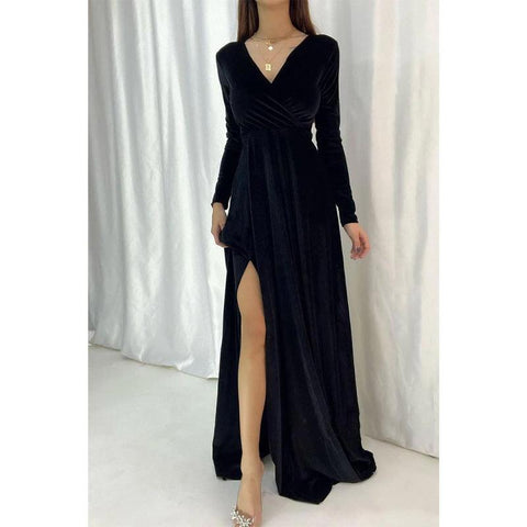 Robe de soirée longue et sexy en velours à col en V et manches longues 