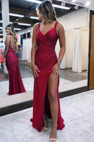 Sparkly Red One Shoulder Sheath Long Prom Dress with Slit