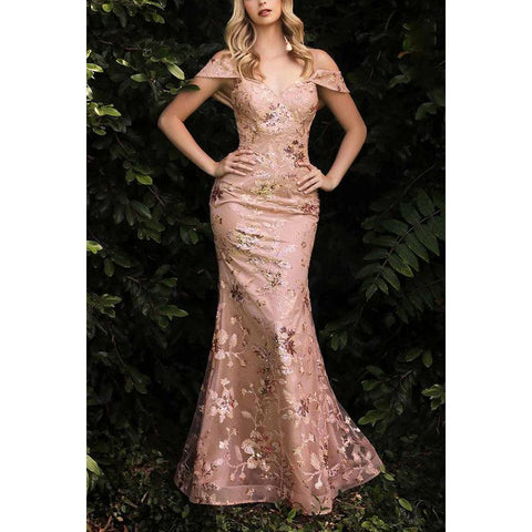 Vestido de noche largo estilo sirena con hombros descubiertos, apliques de tul y flores, sin tirantes