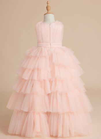 Ball-Gown/Princess Pearl Pink Sleeveless Tulle Bow Flower Girl Dress