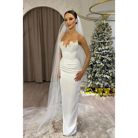 Sheath Strapless Beaded Satin Pleats White Long Prom Dress Evenign Gowns