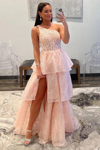 A Line One Shoulder Pink Long Prom Dress with Ruffles