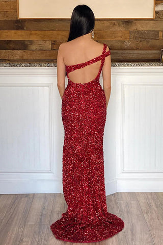 Robe de bal longue rouge à sequins asymétrique et fourreau asymétrique