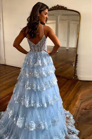 Princess A Line Spaghetti Straps Blue Corset Prom Dress with Lace Ruffles