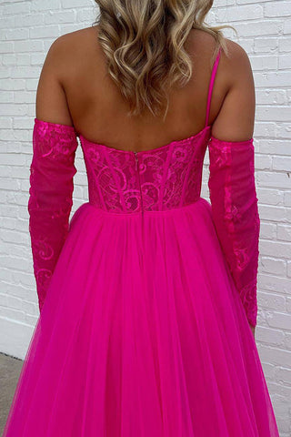 A Line One Shoulder Fuchsia Corset Prom Dress with Split Front