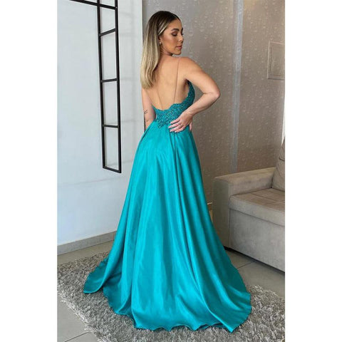 Vestido de noche formal largo con apliques de encaje y tirantes finos para mujer 