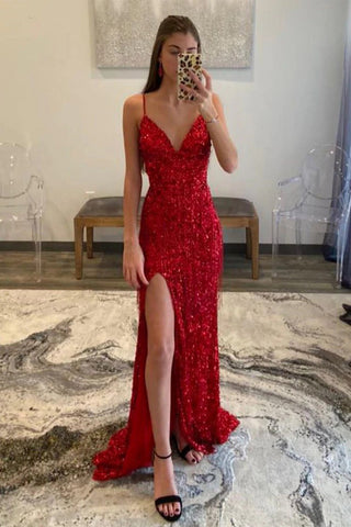 Hot Sequins Glitter Prom Dress with Slit