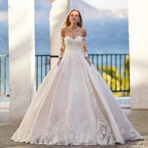 Word Wedding Dresses Women's Elegant Bohemian Beaded Sweetheart Princess Off Shoulder Long Sleeve Lace Applique Bride Gowns