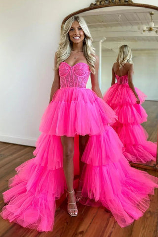 A Line High Low Sweetheart Hot Pink Corset Prom Dress with Appliques