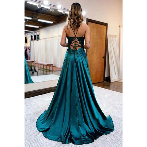 Vestido de fiesta largo de corte A con tirantes finos, apliques de encaje y abertura