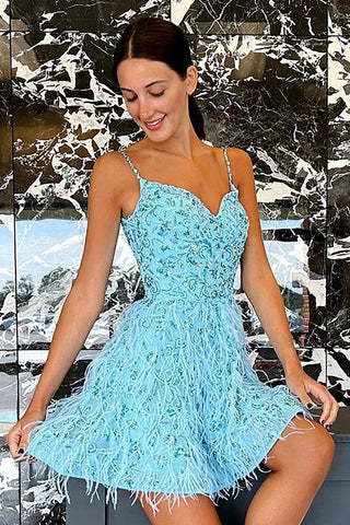 Stylish A Line Spaghetti Straps Blue Short Homecoming Dress with Feather