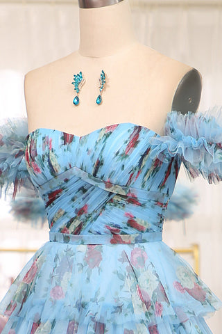 Charming A Line Off the Shoulder Blue Printed Long Prom Dress with Ruffles
