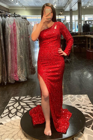 Robe de bal longue sirène à une épaule, sequins rouges, avec fente