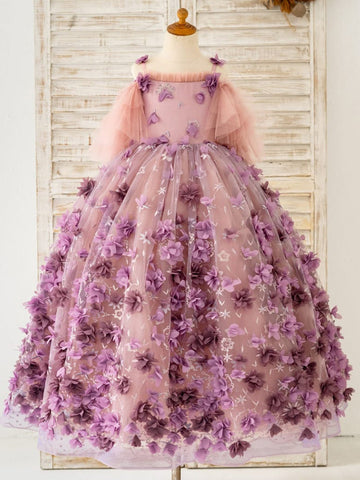 Ball-Gown/Princess 3D Flower Tulle Floor-length Dress