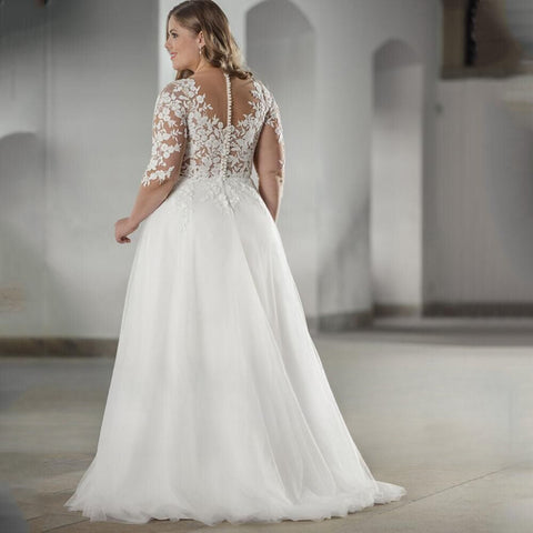 Elegant White V-neck Half Sleeve Bridal Gown Lace Applique Plus Size Floor-Length Wedding Dress for Women vestidos de novia