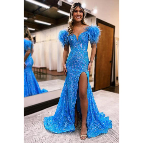 Vestido de fiesta largo de sirena con escote en V, lentejuelas, apliques y plumas, sexy, con abertura