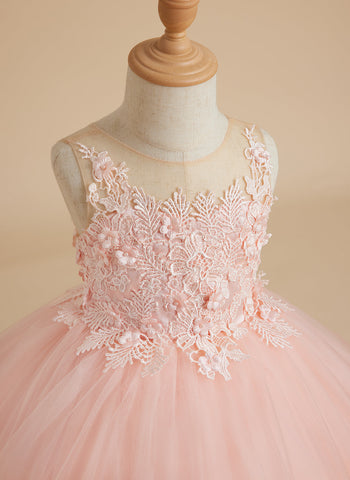Princess Sleeveless Tulle Gown with Lace Appliques and Sweep Train for Girls