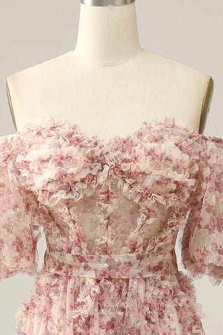 Gorgeous A Line Off the Shoulder Pink Floral Printed Corset Prom Dress with Sweep Train