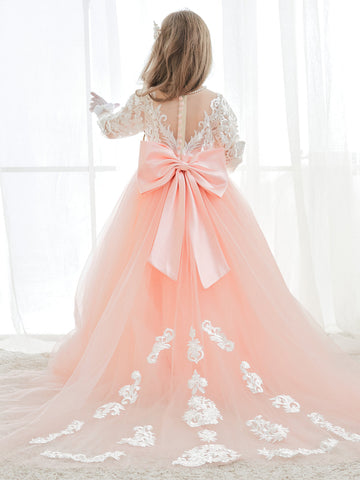 A-line Long Sleeves Lace Tulle Flower Girl Dresses Pink (2003227575)