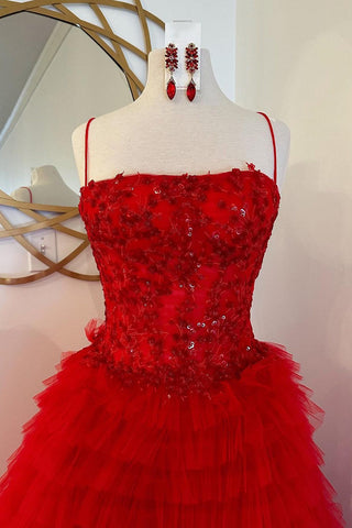 Princess A Line Spaghetti Straps Red Long Prom Dress with Ruffles Appliques