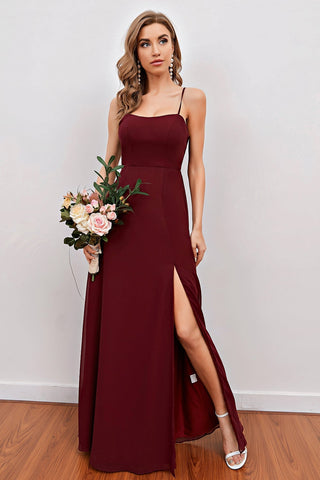 Burgundy Spaghetti Straps Long Bridesmaid Dress with Split