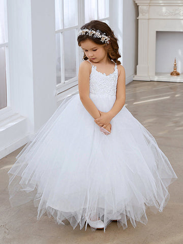 Ball-Gown/Princess Lace Tulle Floor-length White Dress (010145213)