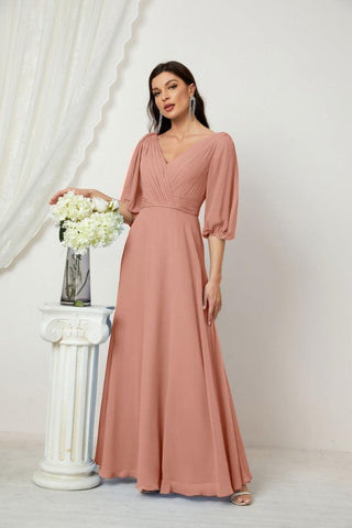 Baoleely  Formal Prom Gown Women V-Neck Chiffon Bridesmaid Dresses Long Bishop Sleeve Party Dress 2807