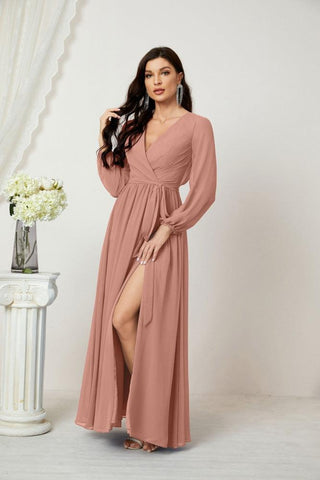 Sunnderly Evening Dresses Deep V-Neck Chiffon Bridesmaid Dresses Long Bishop Sleeve Side Split Formal Dress SY2806