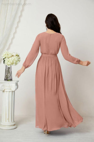 Sunnderly Evening Dresses Deep V-Neck Chiffon Bridesmaid Dresses Long Bishop Sleeve Side Split Formal Dress SY2806