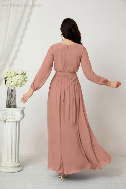 Numbersea Evening Dresses Deep V-Neck Chiffon Bridesmaid Dresses Long Bishop Sleeve Side Split Formal Dress 2806