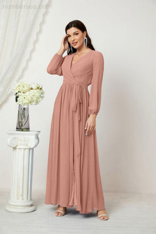 Sunnderly Evening Dresses Deep V-Neck Chiffon Bridesmaid Dresses Long Bishop Sleeve Side Split Formal Dress SY2806