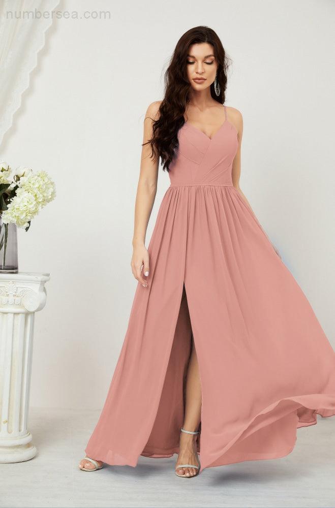 Numbersea  Neck Bridesmaid Dresses Chiffon Long Spaghetti A-line Formal Prom Gown for Wedding Party Evening 2801