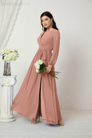 Sunnderly Evening Dresses Deep V-Neck Chiffon Bridesmaid Dresses Long Bishop Sleeve Side Split Formal Dress SY2806