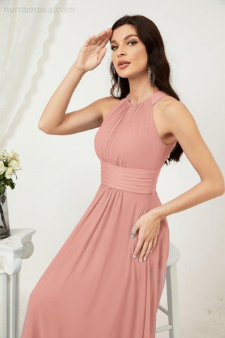 Baoleely Formal Party Gown Dress Chiffon Halter Long Sleeveless Bridesmaid Dresses 2802