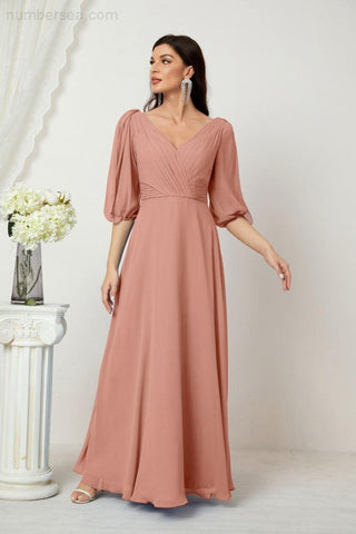 Baoleely  Formal Prom Gown Women V-Neck Chiffon Bridesmaid Dresses Long Bishop Sleeve Party Dress 2807