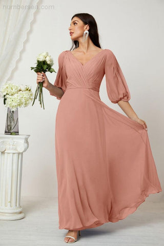 Baoleely  Formal Prom Gown Women V-Neck Chiffon Bridesmaid Dresses Long Bishop Sleeve Party Dress 2807