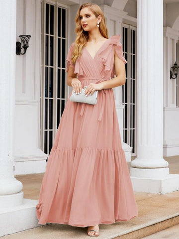 Baoleely Women's Open Back Formal Evening Party Prom Gowns V-Neck Long Chiffon Bridesmaid Dresses with Waist Belt 28038