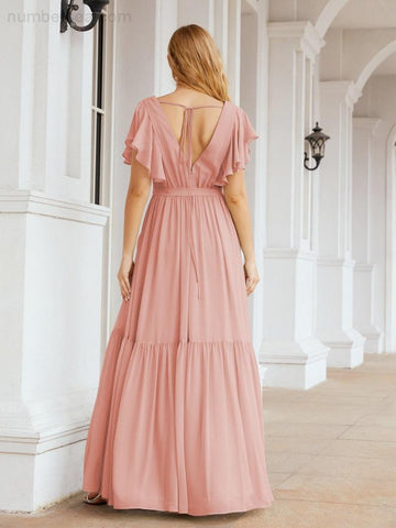 Baoleely Women's Open Back Formal Evening Party Prom Gowns V-Neck Long Chiffon Bridesmaid Dresses with Waist Belt 28038