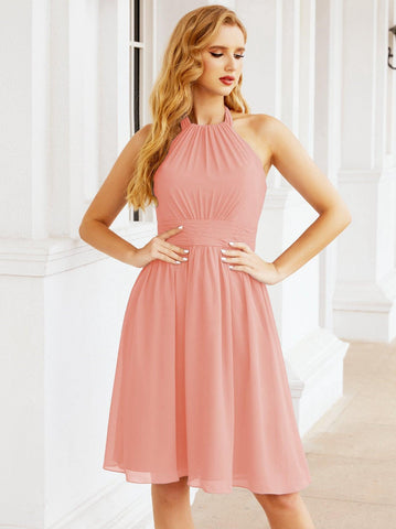 Robe de demoiselle d'honneur courte en mousseline de soie, dos nu, sans manches, robe de soirée formelle, dos nu, Baoleely 28023 