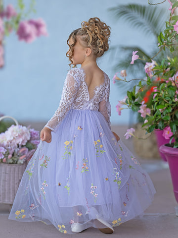 Floral Lace Embroidered Tulle A-Line Floor Length Garden Flower Girl Dress