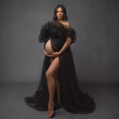 Pregnant women's portrait tulle dress one-shoulder off-the-shoulder split big belly evening dress