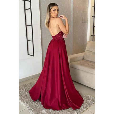 Vestido de noche formal largo con apliques de encaje y tirantes finos para mujer 