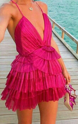 Vestido corto de fiesta con volantes y cuello de espagueti, sexy y minivestido Y2199